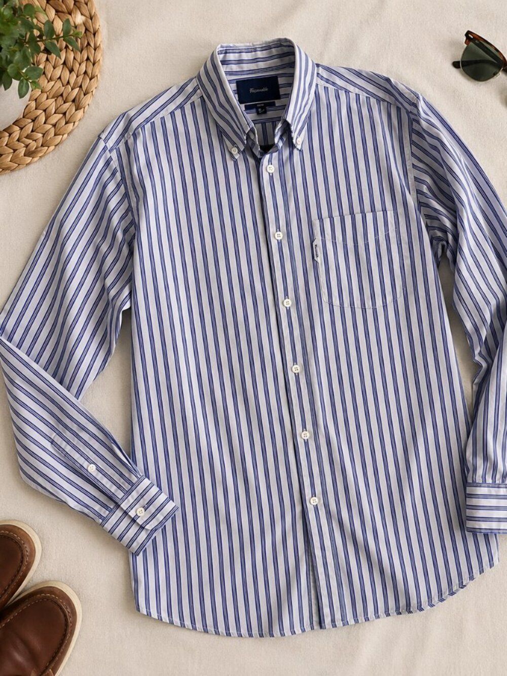 Façonnable Club Blue White Stripe Button Down Shirt Men's 15.75 40R 100% Cotton
